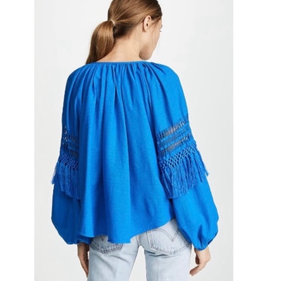 Ulla Johnson Duman Fringe Blouse Tassel Top Crochet Azul Blue Long Sleeve XS 0 - Picture 2 of 7